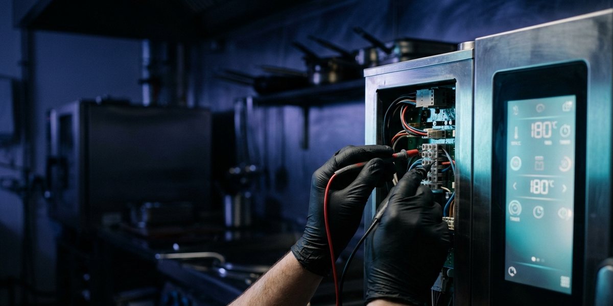 Engineer servicing a commercial electric combi oven