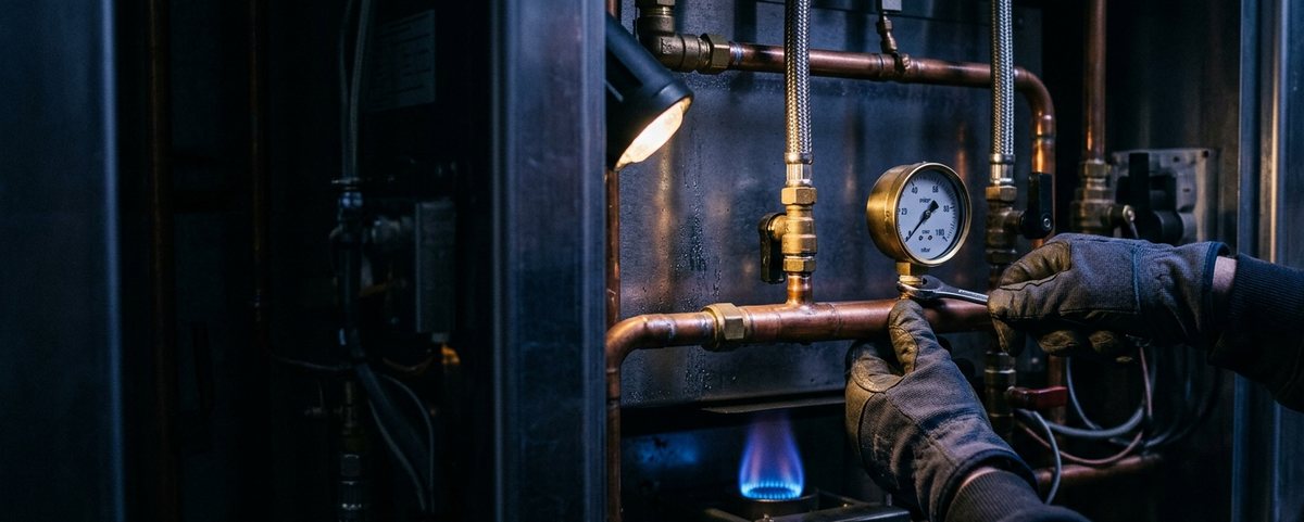 Engineer testing working pressure on a commercial gas appliance