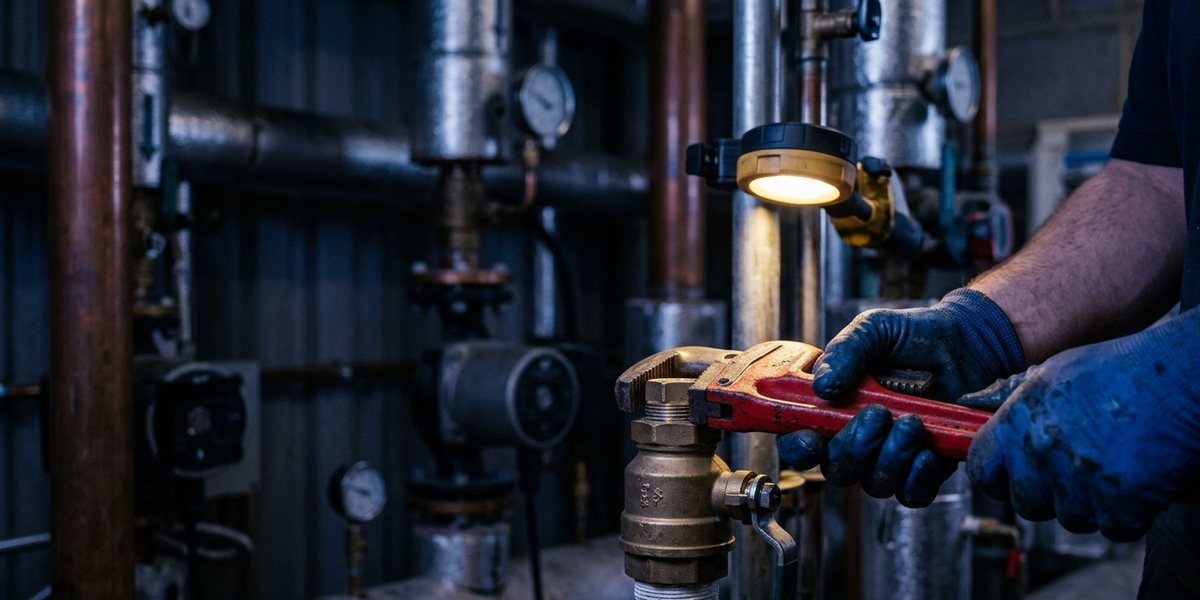 Engineer on commercial plant-room pipework with a pipe wrench