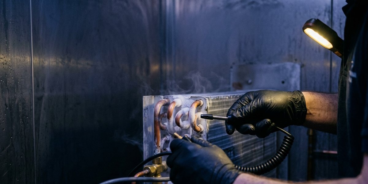 Engineer servicing refrigeration evaporator coils in a cold room